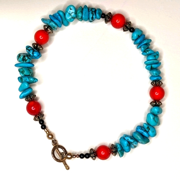 Vintage Other - Turquoise Nugget Bracelet Red Coral Sterling Silver Southwest Tribal